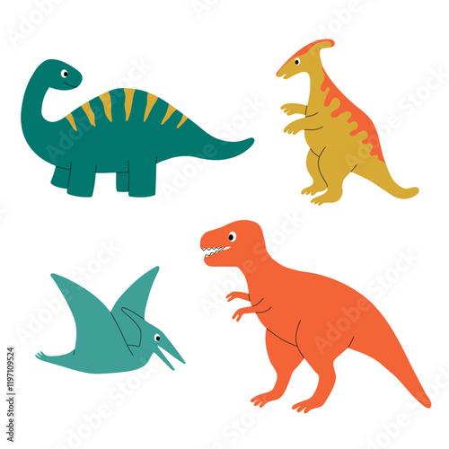 Set of cute dinosaur characters. Design elements for print, greeting card, invitation, book