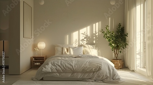 3D rendering of minimalist bedroom with neutral decor and soft lighting