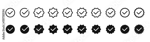 Checkmark icon set, approved symbol, checked checkbox mark, editable line stroke. Vector illustration