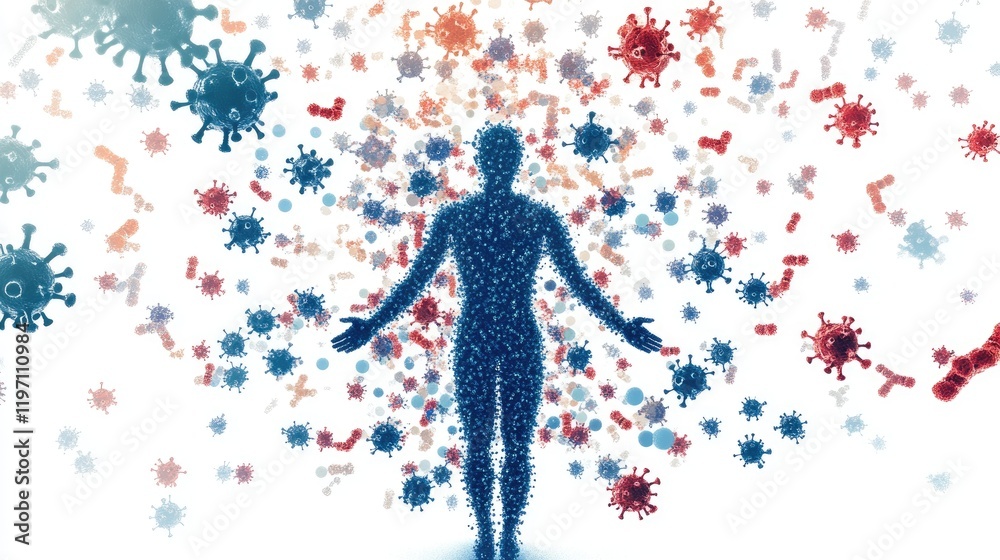 A 3D illustration of a human silhouette surrounded by antibodies and protective shields, visualizing the concept of immunity and defense mechanisms, isolated on white for emphasis A 3D illustration of a human silhouette surrounded by antibodies and protective shields, visualizing the concept of immunity and defense mechanisms, isolated on white for emphasis