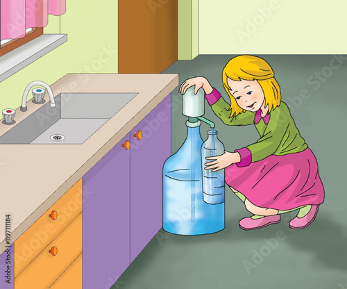Girl filling her plastic bottle with water from a demijohn. Cartoon.