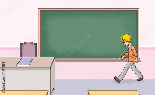 Cartoon. Little schoolboy measuring the length of the blackboard in the classroom.