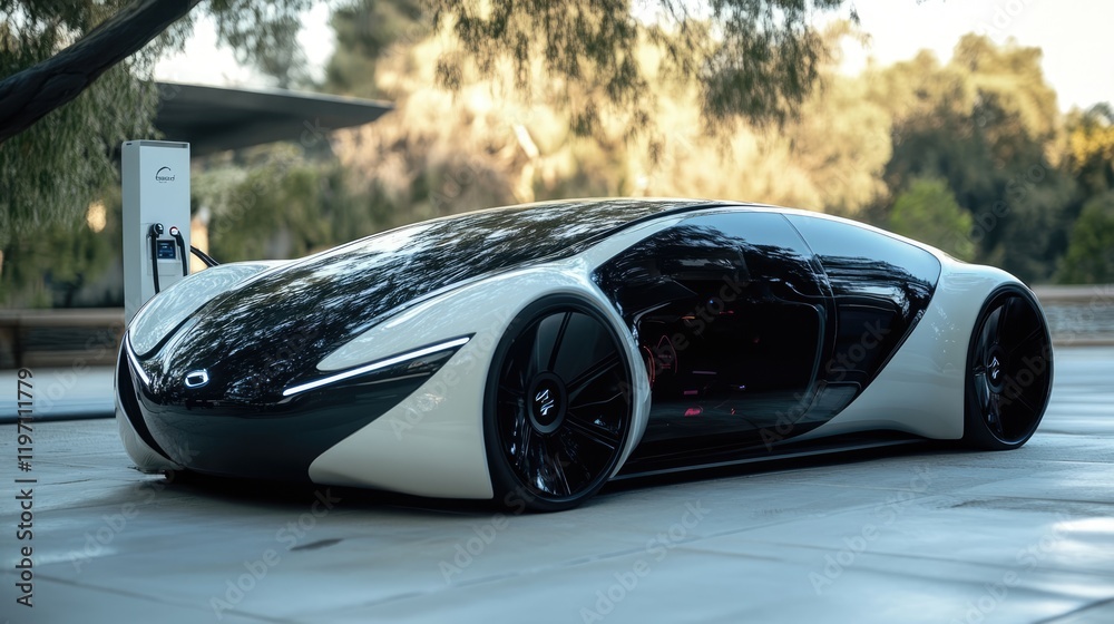 Fototapeta premium An innovative electric vehicle sits prominently among greenery, highlighting its aerodynamic shape and sustainable design