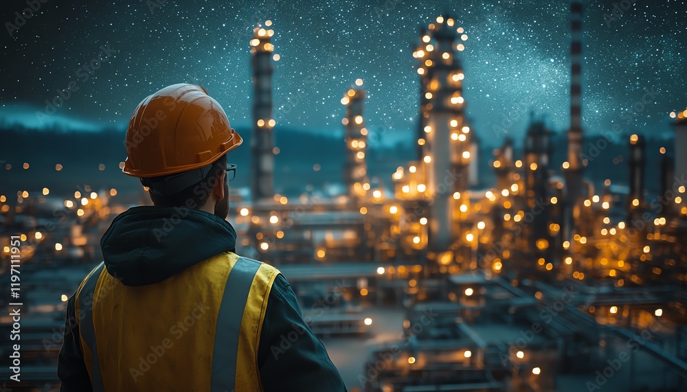 Obraz premium Construction worker with a hard hat, admiring an illuminated refinery at night, framed by a crisp, starry sky, rich textures, cinematic realism