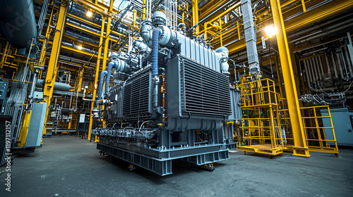 Close-up of a power transformer with high-voltage cables and circuit breakers surrounding it, amidst a complex substation environment. photo