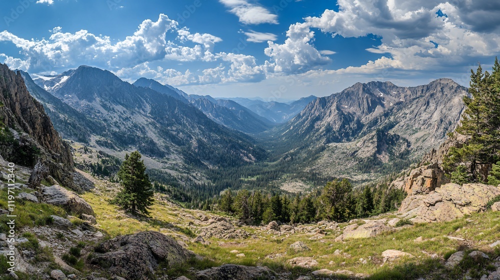 Mountain valley panorama, sunny day, scenic view, hiking trail Mountain valley panorama, sunny day, scenic view, hiking trail