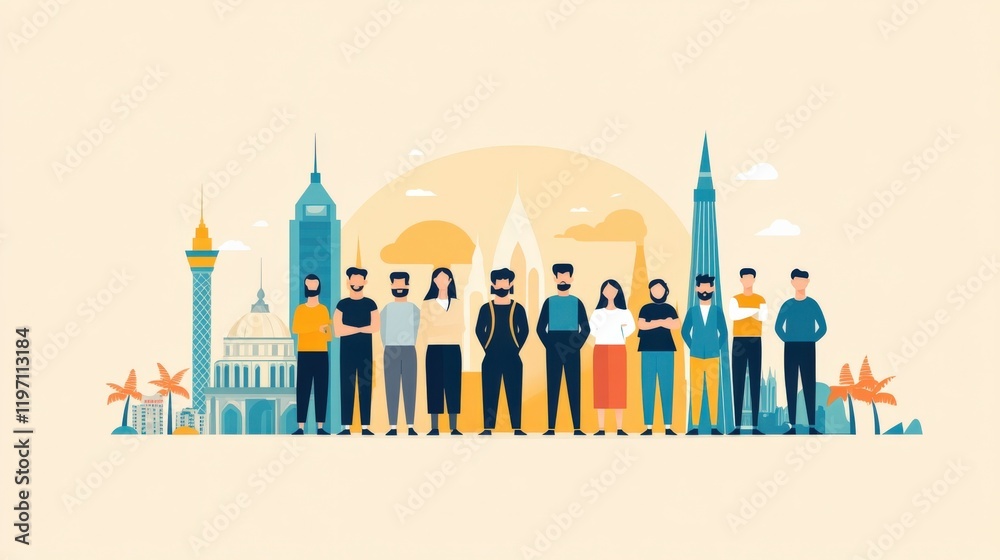 Group of Diverse People Standing Together Against a City Skyline Background in a Minimalist Style Group of Diverse People Standing Together Against a City Skyline Background in a Minimalist Style