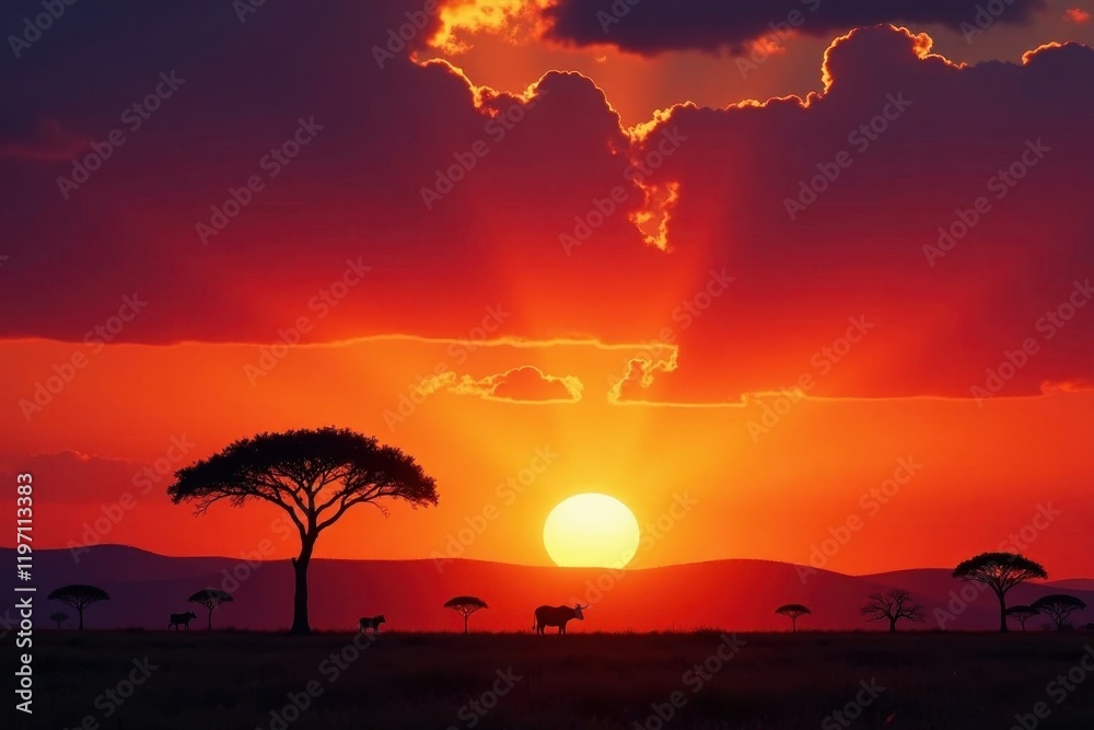 Serengeti sunrise, acacia trees silhouetted against vibrant sky, light, warm, horizon Serengeti sunrise, acacia trees silhouetted against vibrant sky, light, warm, horizon