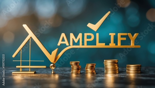 AMPLIFY text title in center and checkmark worth price scale path sum in gold teal white colors