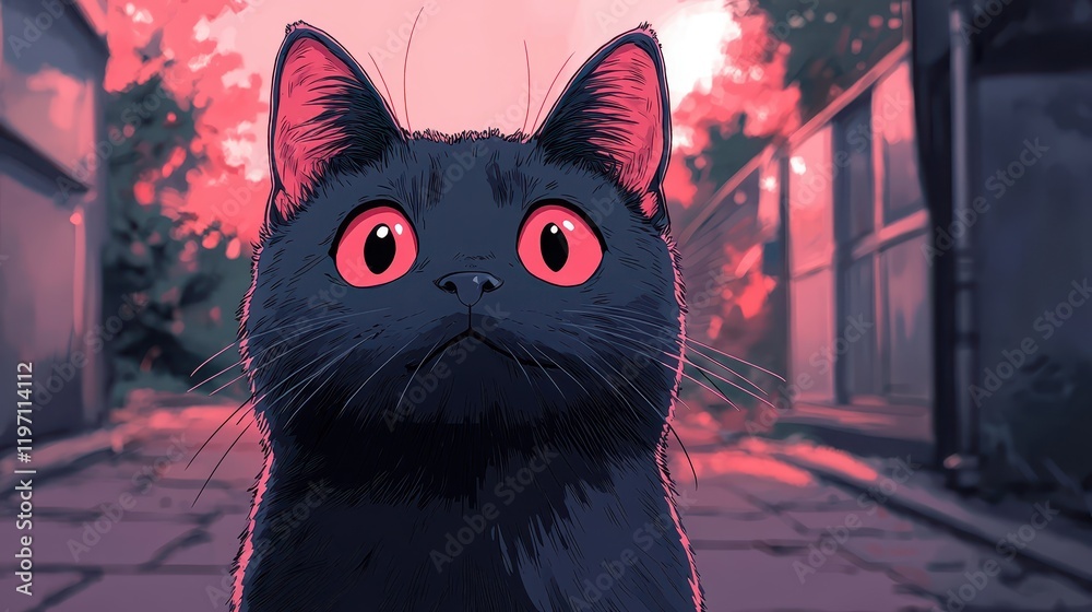 Obraz premium A sleek black cat with striking bright red eyes observes its surroundings curiously as it perches on a narrow pathway, bordered by lush greenery, all bathed in the warm glow of the sunset