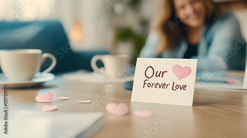 Handwritten card saying our forever love on a table with scattered hearts and blurred background  ideal for romantic and heartfelt moments. Selective focus