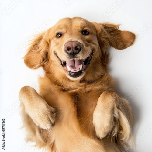 Wallpaper Mural Funny golden retriever lying on its back with happy goofy grin smile on white background Torontodigital.ca