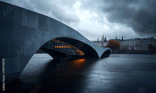 Modern bridge, city skyline, rainy day, Stockholm