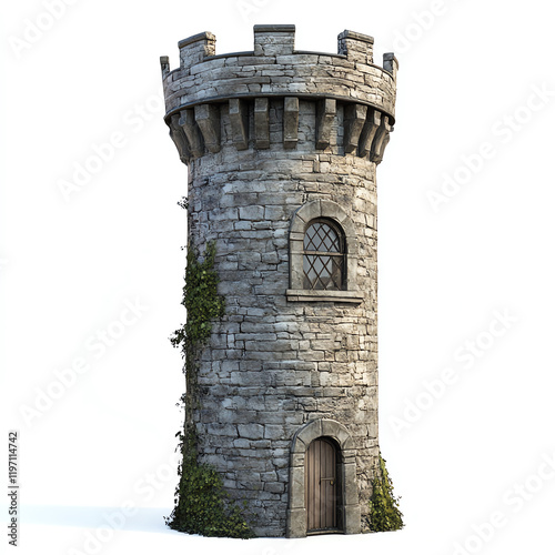 A majestic stone tower with ivy-covered walls, showcasing classic architectural details and a timeless presence.
