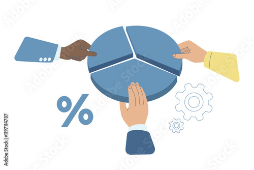 Businessman's hand is grasping the corporate or personal market share, Pie chart showing shareholder value, Business cooperation, investment, Business competition concept, Flat vector illustration.