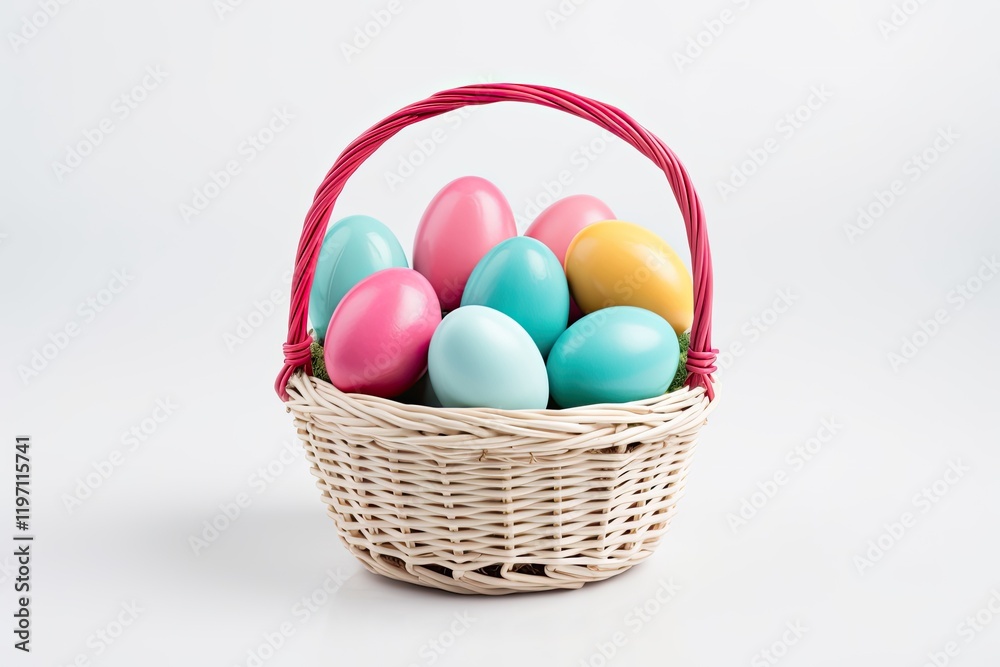 Hand painted pastel Easter Eggs in basket on white backdrop