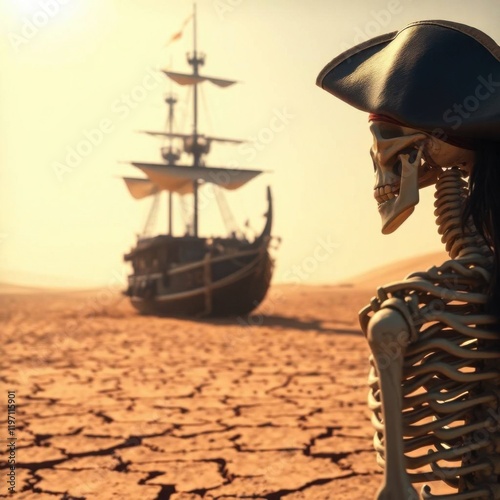 Skeleton Pirate in Desert Scene with Stranded Ship
