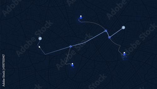 Route on the map to pin. City street map with various points of interest. GPS tracking system to navigate and find way around the city landmarks, directions to different locations. Vector illustration