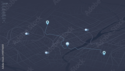 Concept of abstract GPS navigation and online navigation with POI. Several way get directions map pointer, place mark. Top view on city map navigation. Tracking path with app. Vector illustration.