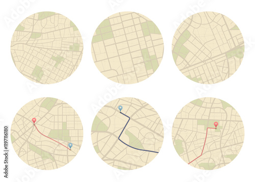 Set of Gps map navigation. View from above road map. Detailed view of city. Abstract background. Flat style, Vector, illustration isolated
