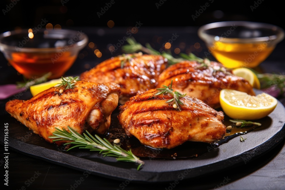 Grilled chicken halves with golden crust served with lemon BBQ sauce and rosemary Grilled chicken halves with golden crust served with lemon BBQ sauce and rosemary