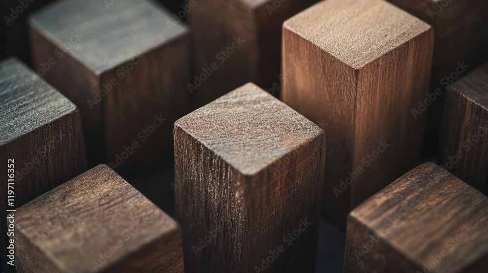 Close-up view of several polished wooden blocks, meticulously arranged in a structured pattern. The rich textures highlight the natural beauty of the wood, emphasizing craftsmanship and quality Close-up view of several polished wooden blocks, meticulously arranged in a structured pattern. The rich textures highlight the natural beauty of the wood, emphasizing craftsmanship and quality