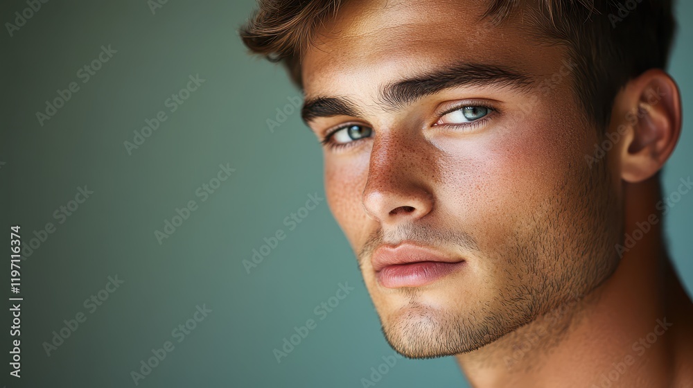 Portrait of a clean-shaven man with captivating blue eyes and tousled hair in a neutral setting, exuding confidence and charm during the afternoon light Portrait of a clean-shaven man with captivating blue eyes and tousled hair in a neutral setting, exuding confidence and charm during the afternoon light