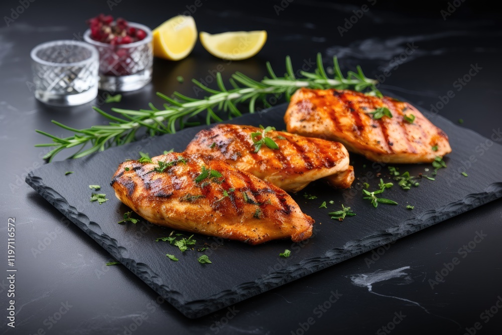 Grilled chicken on stone plate Concrete backdrop Grilled chicken on stone plate Concrete backdrop