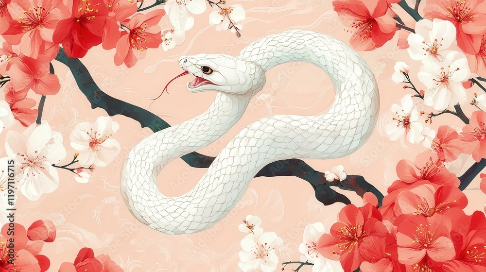 Obraz premium 2025 Chinese new year, year of the snake banner template design with white snakes and beautiful flowers background. Chinese translation: Snake