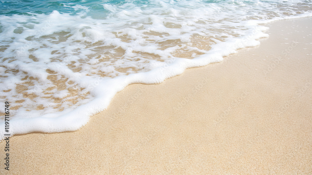 Soft waves roll onto a pristine sandy beach, creating bubbly foam at the shoreline. The sun illuminates the scene, giving a serene atmosphere perfect for relaxation and enjoyment Soft waves roll onto a pristine sandy beach, creating bubbly foam at the shoreline. The sun illuminates the scene, giving a serene atmosphere perfect for relaxation and enjoyment
