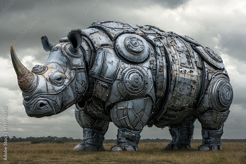 Fototapeta premium unique steampunk metal rhino sculpture art installation featuring recycled and industrial elements displayed as a large outdoor kinetic public statue with a modern contemporary design