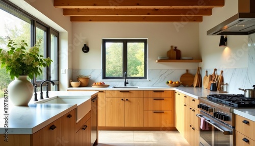 Modern kitchen with light wood cabinets, marble countertops, and a farmhouse sink.