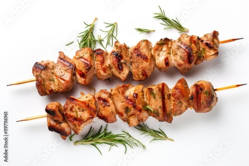 Grilled meat skewers with herbs and spices isolated on white background top view