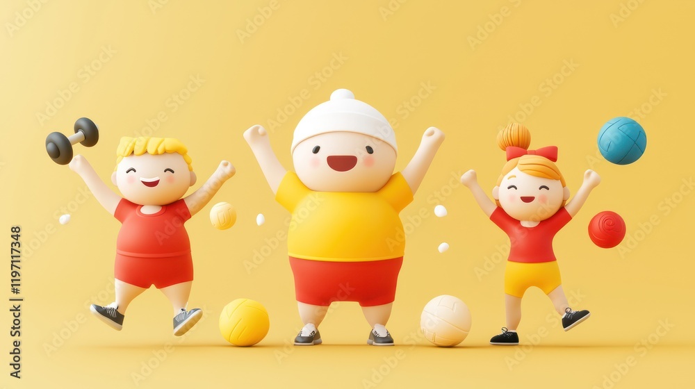 Obraz premium Cheerful cartoon children celebrating fitness with colorful balls and dumbbells against a bright yellow background.