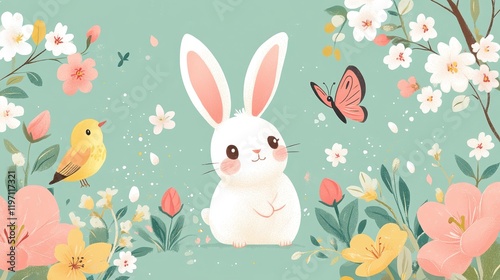 Cute cartoon spring-themed sticker design featuring a bunny surrounded by colorful flowers and butterflies in a vibrant outdoor setting