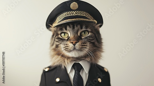 A cat in a pilot uniform, with a captain's hat and tie, standing confidently on a clear background.