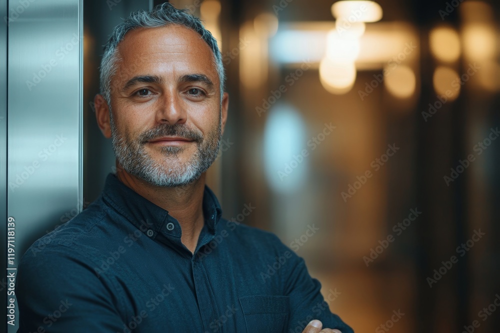 Obraz premium Happy entrepreneur waiting for elevator in office building hallway and looking at camera. Generative AI