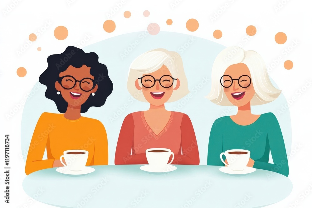 Smiling Diverse Women Enjoying Coffee Together in a Cozy, Bright Café Setting with Joyful Expressions Smiling Diverse Women Enjoying Coffee Together in a Cozy, Bright Café Setting with Joyful Expressions