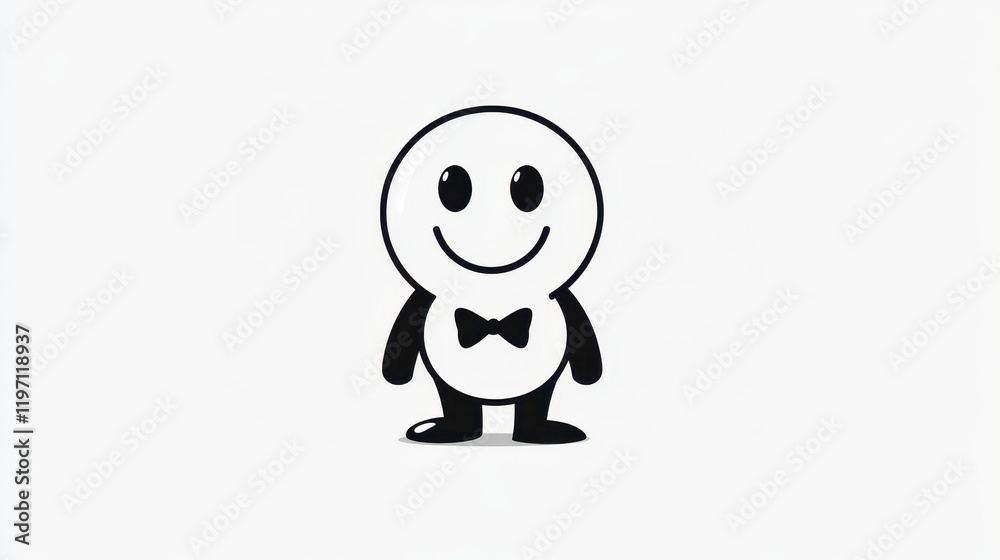A charming black and white cartoon character with a big smile and a stylish bow tie exudes an upbeat and cheerful vibe, spreading positivity wherever it goes A charming black and white cartoon character with a big smile and a stylish bow tie exudes an upbeat and cheerful vibe, spreading positivity wherever it goes