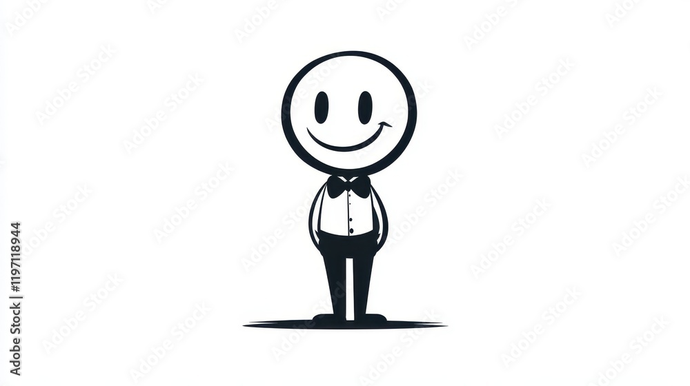 Schematic representation of a smiling character dressed formally in black and white with a bow tie, creating a cheerful and inviting atmosphere Schematic representation of a smiling character dressed formally in black and white with a bow tie, creating a cheerful and inviting atmosphere