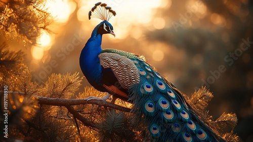 Majestic peacock perched on branch, sunset forest photo