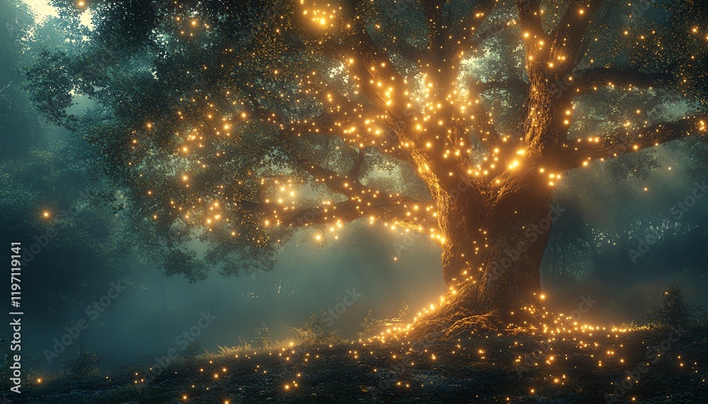 An enchanted tree with twinkling lights, glowing softly in a mystical forest, rich foliage, soft fog, and glowing ambient lighting, photorealistic depth, magical vibe An enchanted tree with twinkling lights, glowing softly in a mystical forest, rich foliage, soft fog, and glowing ambient lighting, photorealistic depth, magical vibe