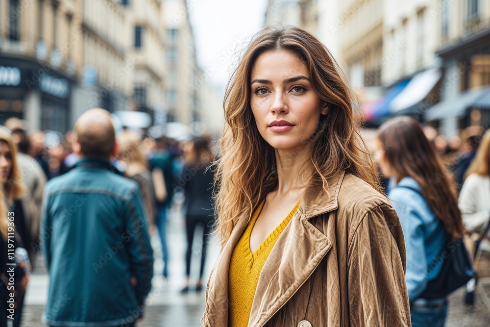 Fototapeta premium Confident woman standing out in a busy urban crowd on a city street