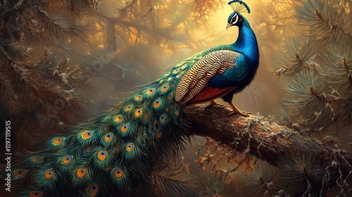 Majestic peacock perched on branch, pine forest background, sunrise, nature scene
