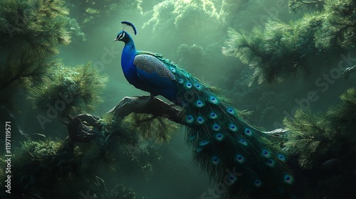 Majestic peacock perched on branch, mystical forest background, serene nature scene, ideal for wall art photo