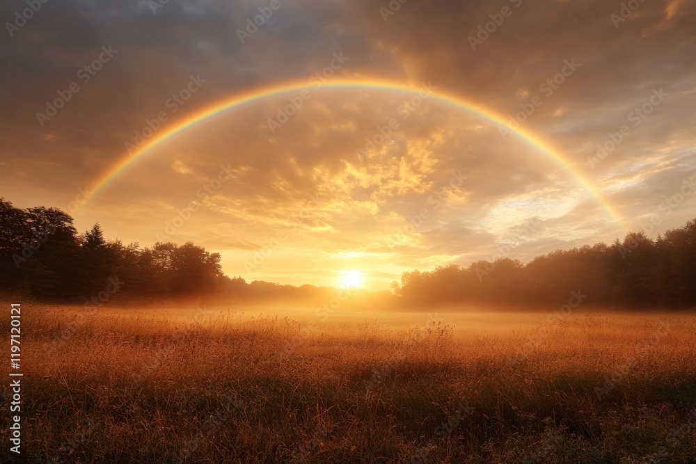 Naklejka premium Colorful sunrise with a vibrant rainbow over a misty field of golden grass in a tranquil landscape setting
