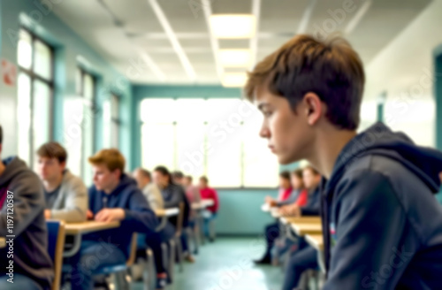 Teenager experiences loneliness during class while classmates engage in communication. Blurred picture