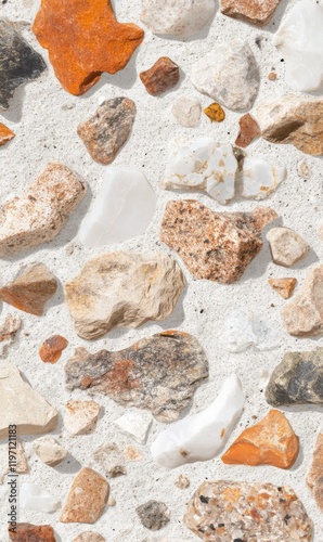 A top-down view of various-colored rocks and pebbles embedded in white concrete material