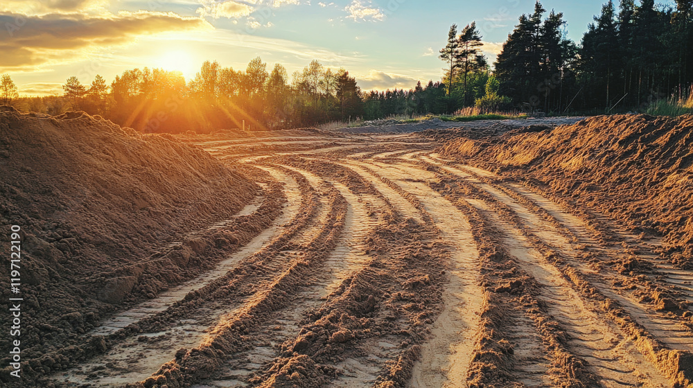 Fototapeta premium Tractor tracks create winding patterns in the sand as the sun sets behind a line of trees, casting warm light over the earth at a construction site in a serene natural setting