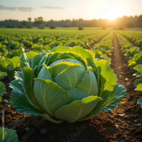 Fresh cabbage head growing in an organic farm field photo